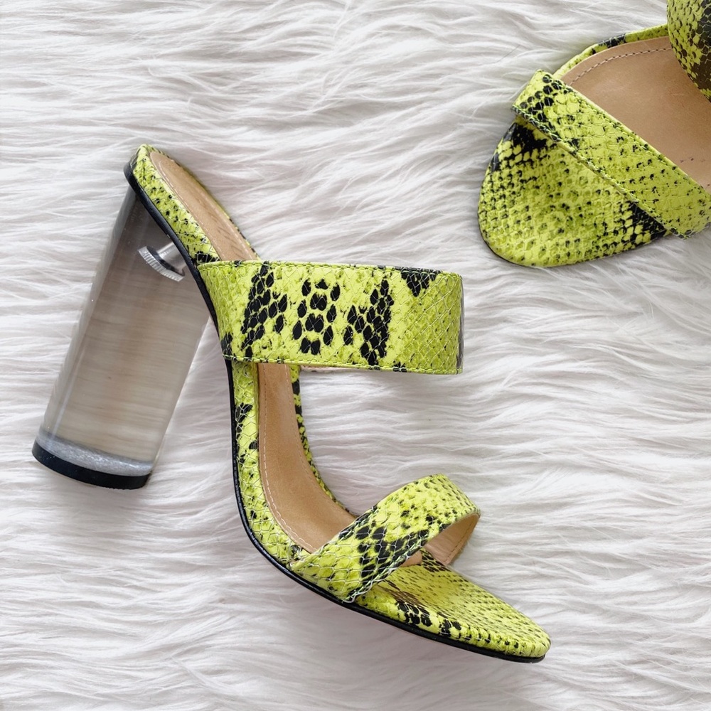 Schutz Neon Yellow Snake Print Leather Open Toe Heels